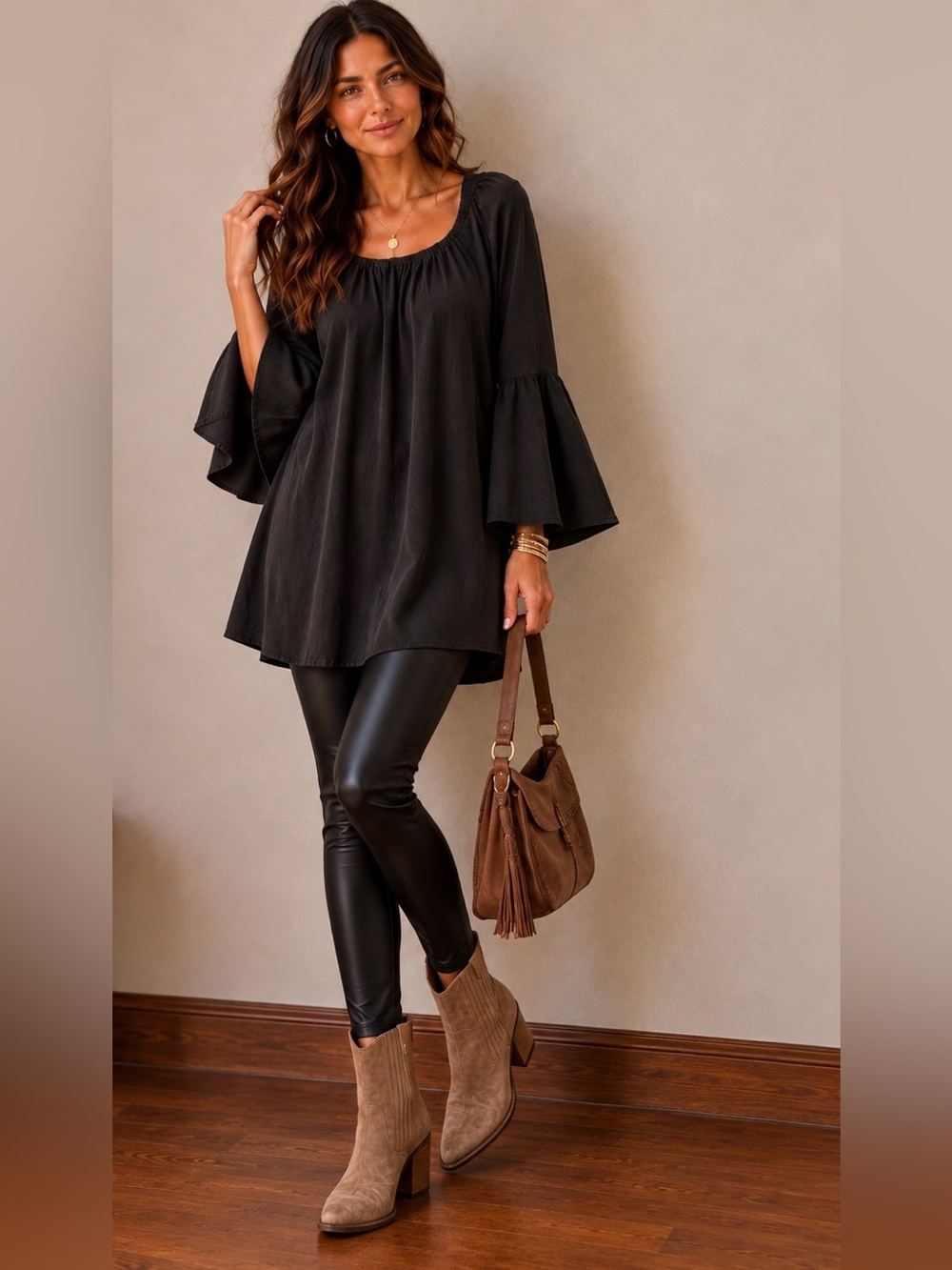 Tree Light Boutique Boho Bell Sleeve Tunic Dress Heather Gray M NWT